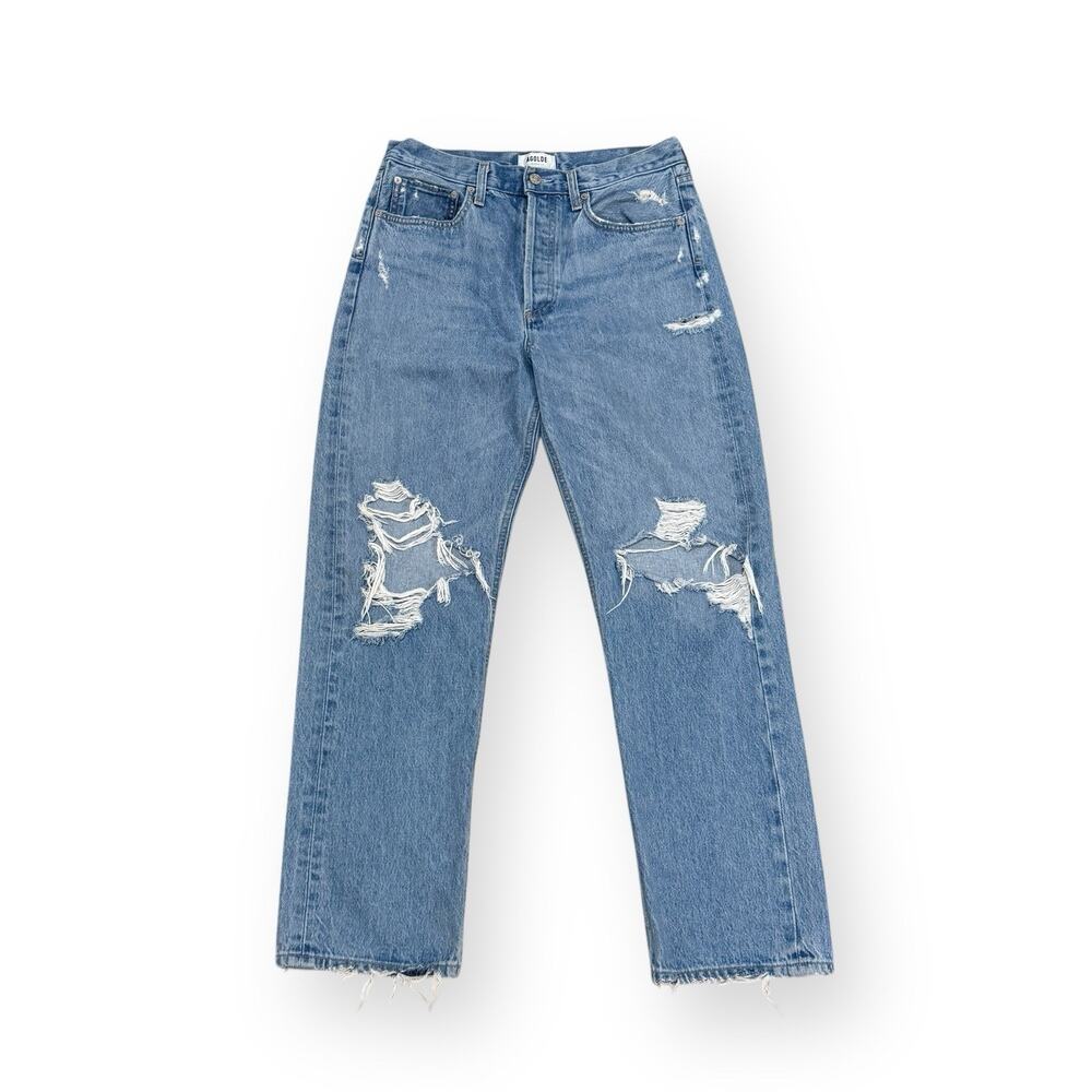 Agolde Light Blue Distressed Straight Leg Jeans - Picture 3 of 15